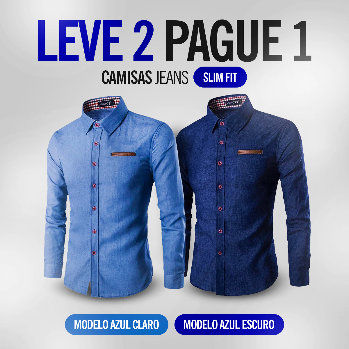 LEVE 2 PAGUE 1 - Camisas Masculina Jeans Slim Manga Longa - Azul e Azul Claro
